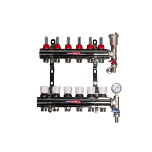 6 Port Underfloor Heating Manifold – Nickel-Plated Brass 6 Circuit Kit with Flow Meters